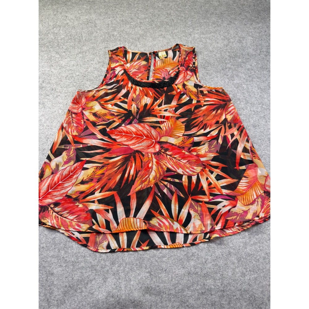 Chenault Sleeveless Top Women's M Orange Tropical Beaded Neck Excellent Flowy